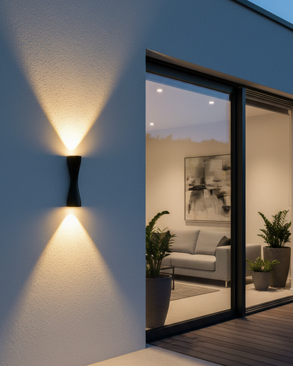Swanart modern outdoor LED wall sconce with black aluminum finish, up and down lighting for balcony, porch, or garden exterior.