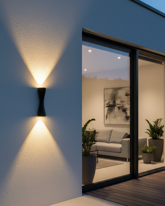 Swanart modern outdoor LED wall sconce with black aluminum finish, up and down lighting for balcony, porch, or garden exterior.
