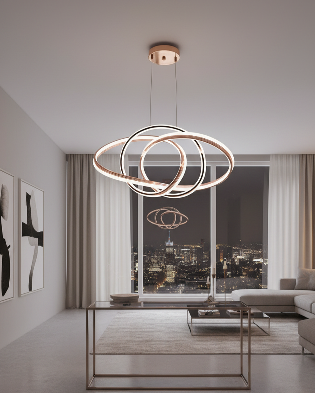 Swanart modern pendant light with sleek design, hanging from ceiling, ideal for stylish home lighting, featuring a minimalist aesthetic.