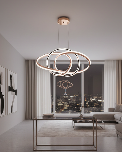 Swanart modern pendant light with sleek design, hanging from ceiling, ideal for stylish home lighting, featuring a minimalist aesthetic.