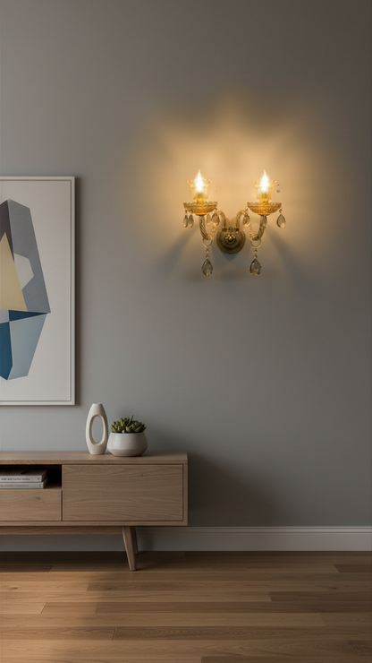 Swanart luxury crystal wall light with two gold sconces and hanging crystal drops, decorative LED wall lamp for living rooms and bedrooms