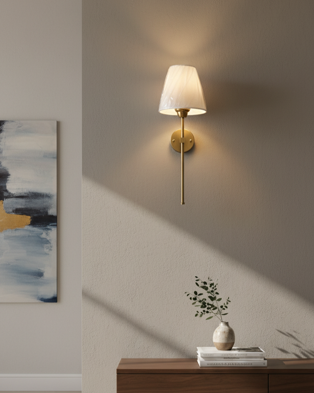 Swanart modern wall light with fabric shade, golden finish LED sconce for bedroom, living room, or hallway indoor lighting.