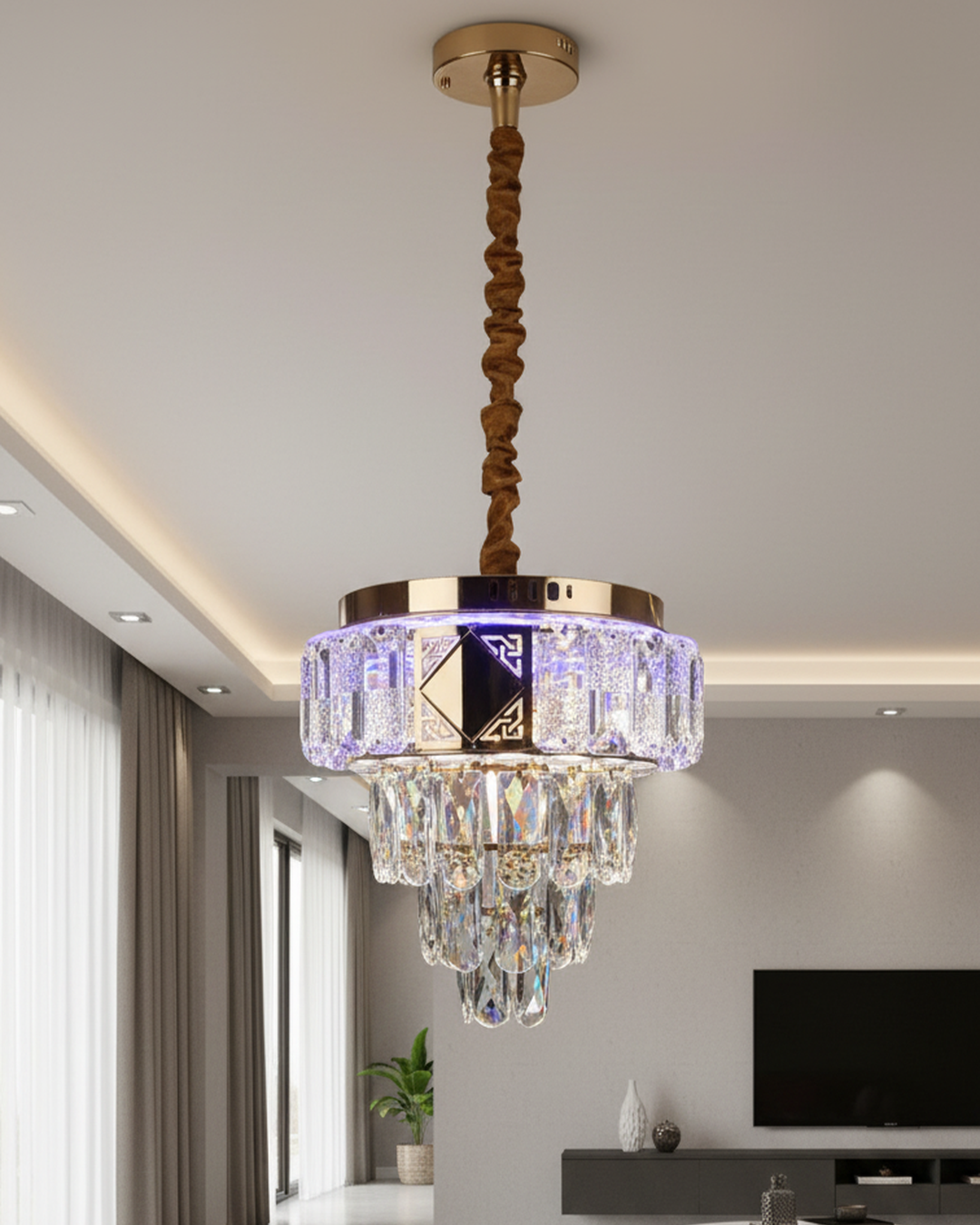 Swanart Crystal Pendant Chandelier Light with sparkling crystal details and elegant design, hanging from a metal fixture.