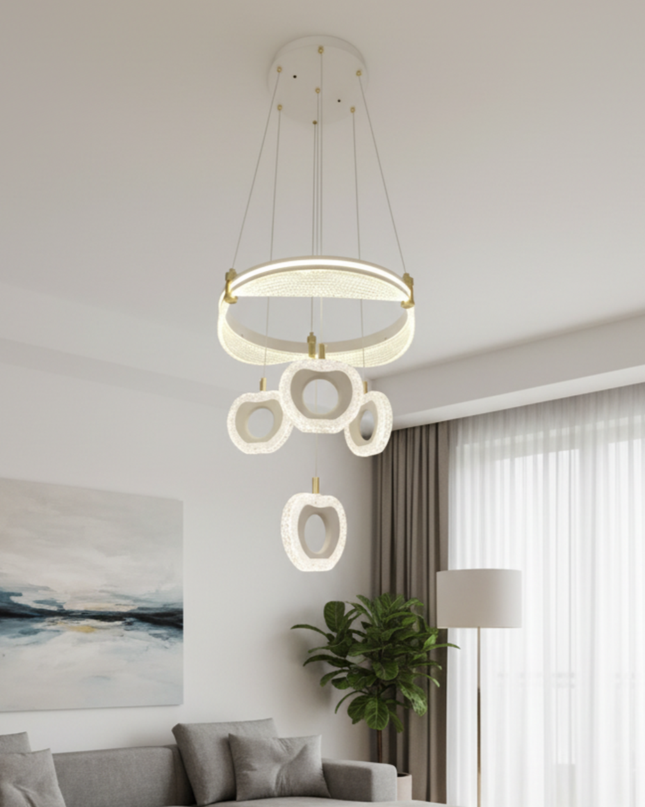Modern Swanart LED ring chandelier with crystal flower pendants hanging from a ceiling mount, ideal for living, dining, or staircase decor.