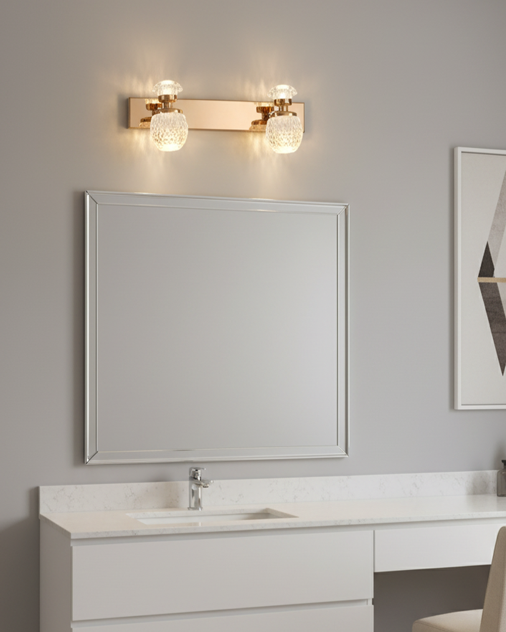 Swanart luxury crystal glass double LED wall light with golden mirror finish, modern design, suitable for bedroom, living room, or vanity.