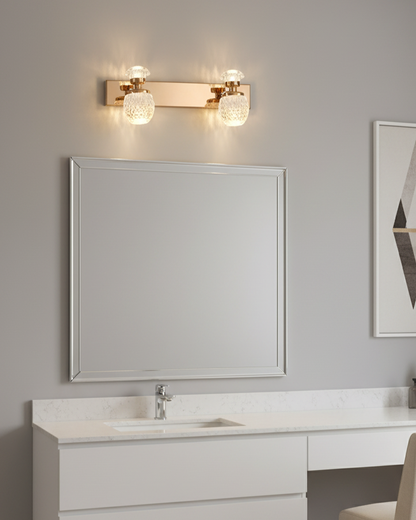 Swanart luxury crystal glass double LED wall light with golden mirror finish, modern design, suitable for bedroom, living room, or vanity.