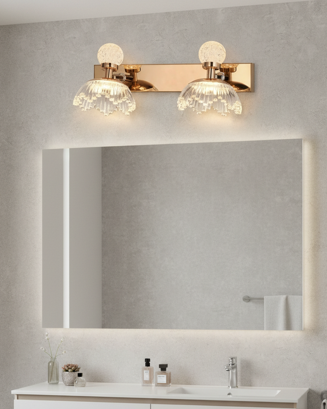Swanart modern crystal wall light with gold finish, double-headed LED sconce for bedroom, living room, or bathroom decor.