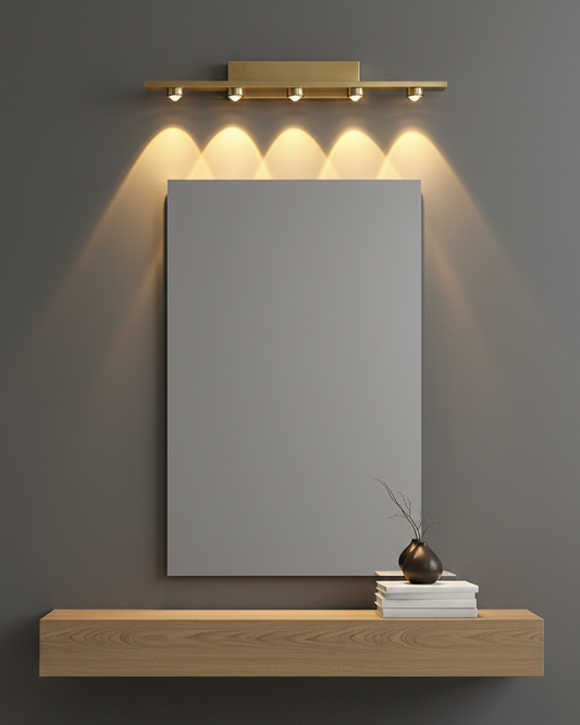 Gold Swanart LED bathroom mirror light mounted on wall, decorative warm white fixture for vanity and dressing room lighting.
