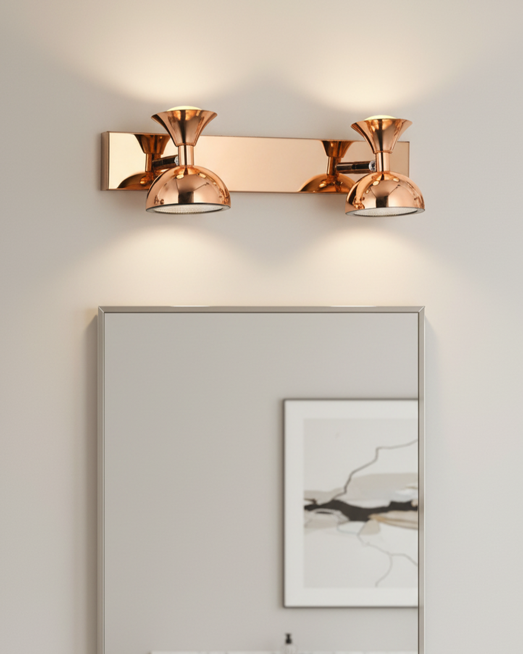 Swanart modern rose gold dual LED wall sconce with adjustable double dome shades, ideal for living room, bedroom, or hallway decor.