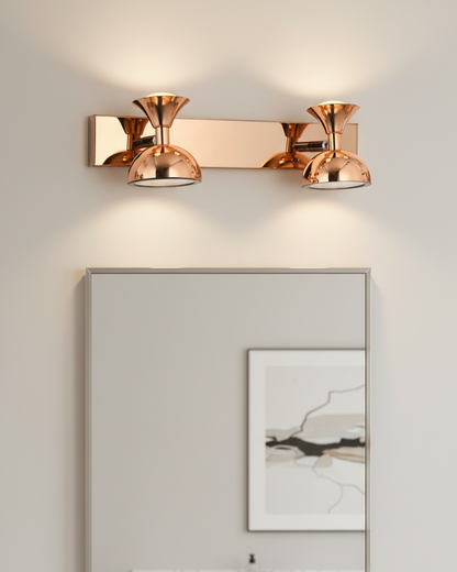 Swanart modern rose gold dual LED wall sconce with adjustable double dome shades, ideal for living room, bedroom, or hallway decor.