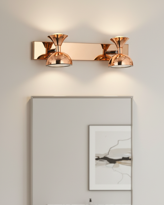 Swanart modern rose gold dual LED wall sconce with adjustable double dome shades, ideal for living room, bedroom, or hallway decor.