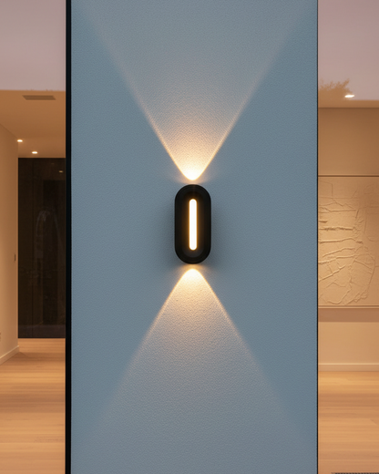 Modern black outdoor LED wall light from Swanart, energy-efficient exterior lighting fixture with sleek design for outdoor spaces.