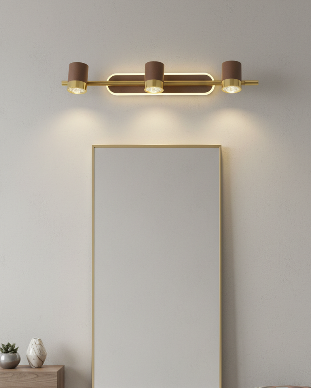 Swanart modern LED vanity mirror light with three gold wall sconces, warm white lighting for bathroom or dressing table decor