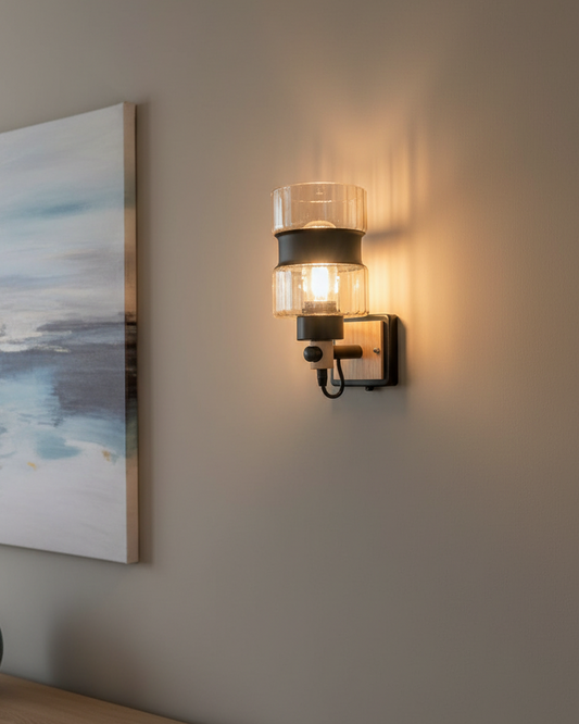 Swanart modern wall sconce with amber glass shade, wooden and black metal finish, warm LED lighting for living room or bedroom decor.
