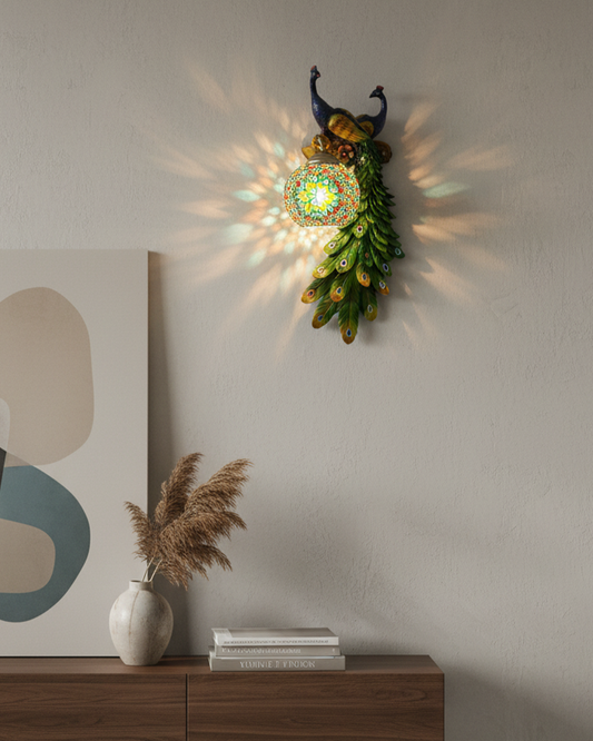 Swanart peacock wall light LED sconce with artistic bird design, warm ambient glow, perfect for living room, bedroom, or hallway decor.