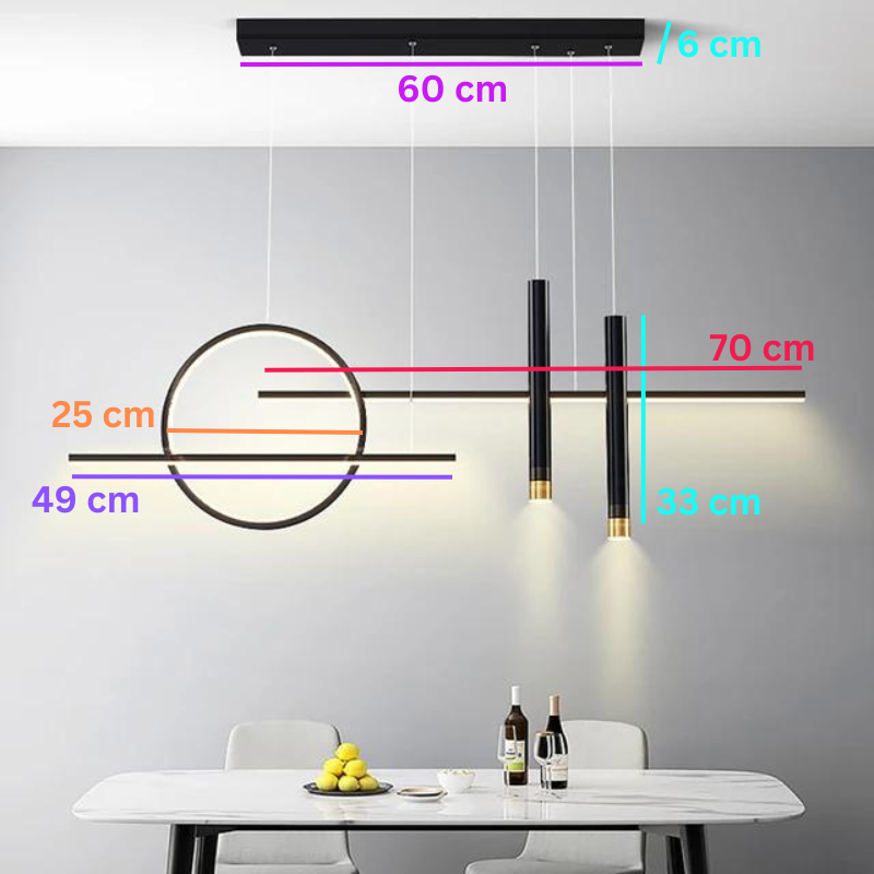 Swanart modern black and gold LED pendant light with linear ring design, hanging fixture for dining or living room decor.