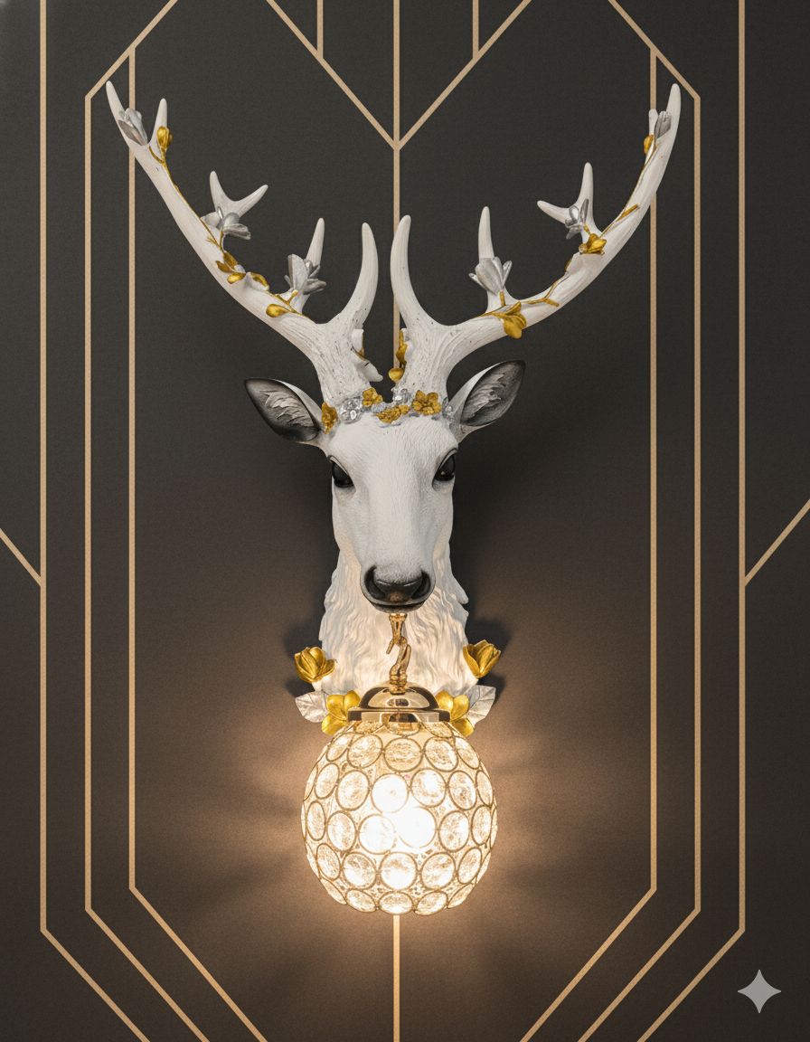 Swanart Elegant Deer Head Wall Lamp with Golden Crystal Pendant, 64cm Wall Mounted Light Fixture for Living Room, Bedroom, or Hallway - Unique Artistic Decor with Warm Glow - Modern & Luxurious Design - Swanart