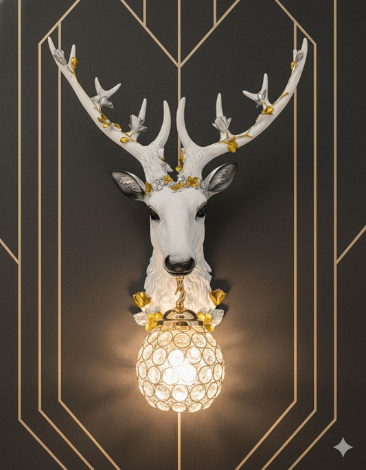 Swanart Elegant Deer Head Wall Lamp with Golden Crystal Pendant, 64cm Wall Mounted Light Fixture for Living Room, Bedroom, or Hallway - Unique Artistic Decor with Warm Glow - Modern & Luxurious Design - Swanart