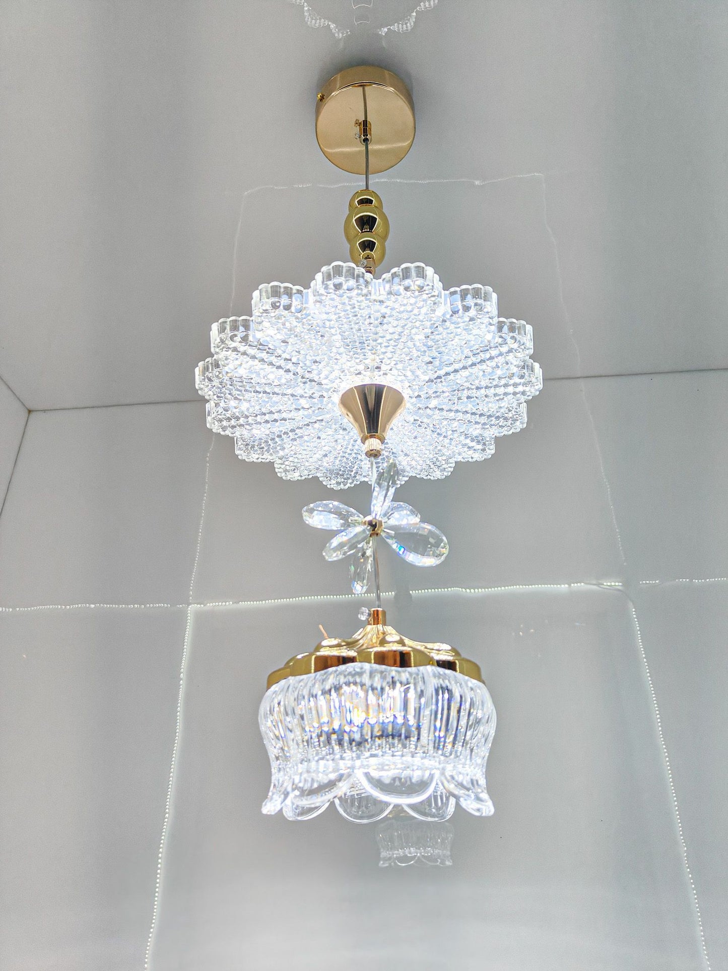 swanart Modern Luxury Crystal Chandelier Pendant Light Fixture with Gold Finish, Adjustable Height Ceiling Lamp for Dining Room, Bedroom, Entryway, Living Room - Elegant Sparkle - Swanart