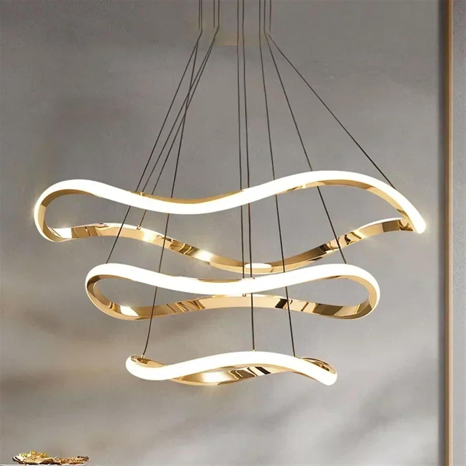 Swanart Modern LED Hanging Light – Wave Design Pendant Light with Gold Finish, 3-Color Dimmable LED Ceiling Fixture for Living Room, Dining Room, Bedroom – Artistic Modern Pendant - Swanart
