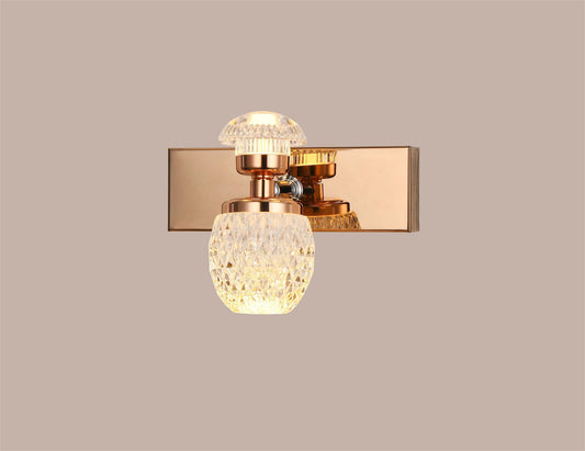 swanart Rose Gold Crystal Wall Sconce - Modern LED Wall Light with Diamond Cut Glass Shade, Dimmable, Energy Efficient, Ideal for Living Room, Bedroom, and Hallway Decor - Swanart