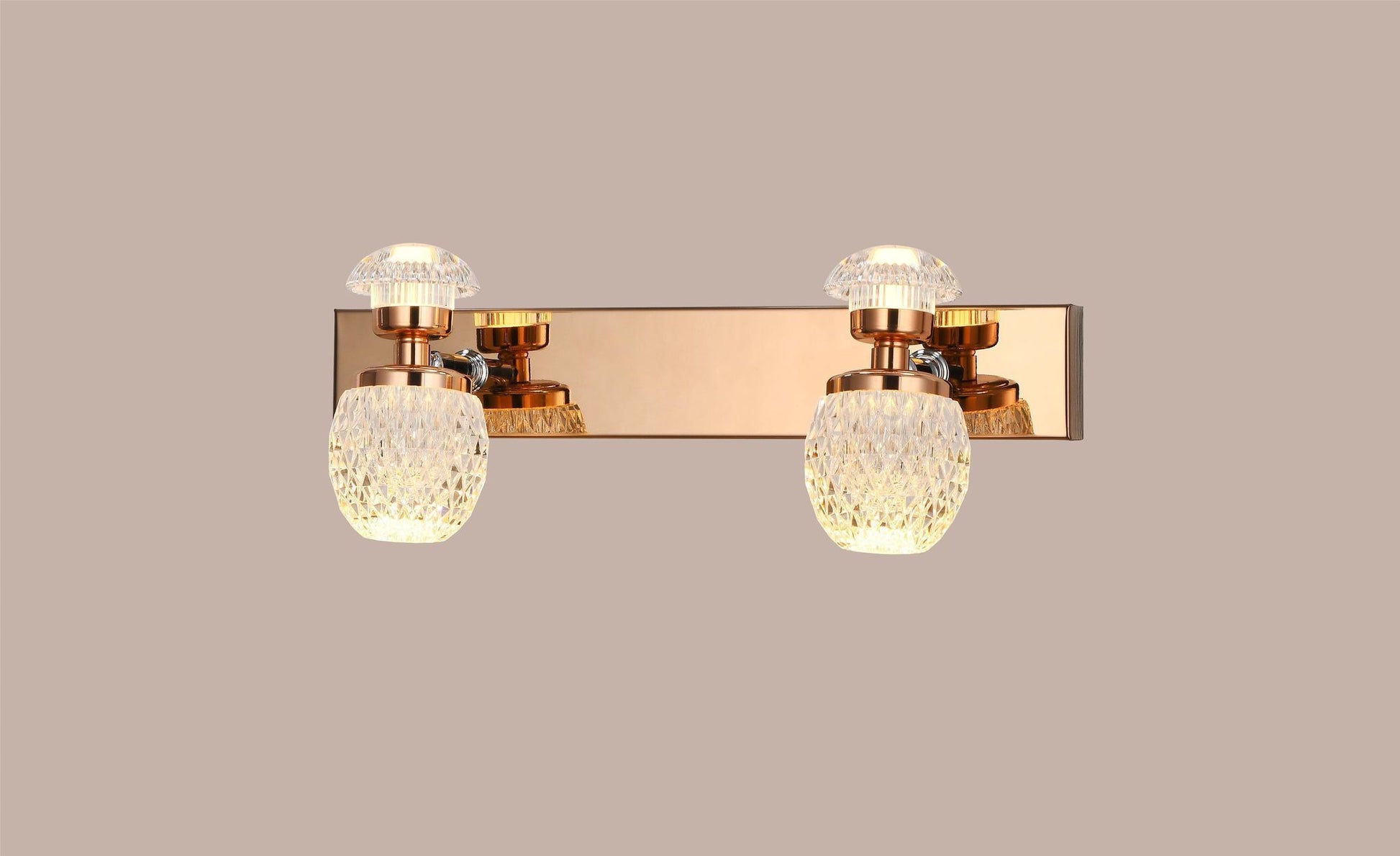 Swanart Luxury Crystal Glass Double LED Wall Light for Bedroom, Living Room & Vanity | 2-Light Fixture with Golden Mirror Finish | Decorative Modern Wall Lamp | 32cm Width, 13cm Height, 6.5cm Depth - Swanart