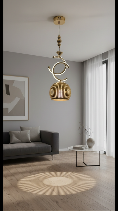 Swanart modern gold pendant light hanging from ceiling, decorative LED ceiling lamp for living room, dining area, or bedroom lighting.