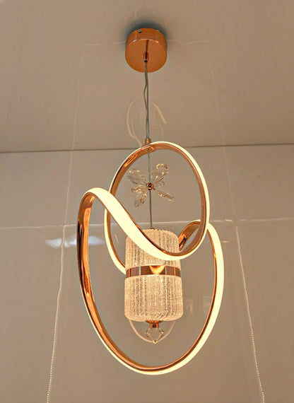 Modern Swanart crystal LED pendant light with rose gold rings, adjustable height, decorative ceiling lamp for living room or bedroom.