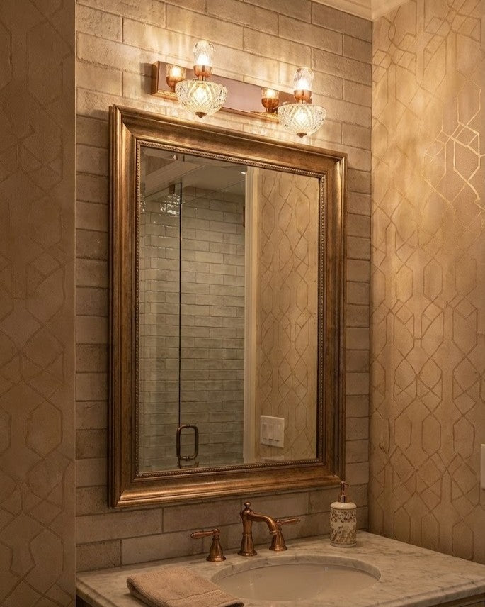 Swanart modern rose gold wall sconce with dual LED lights and diamond cut glass shades, ideal for living room, bedroom, or hallway decor.