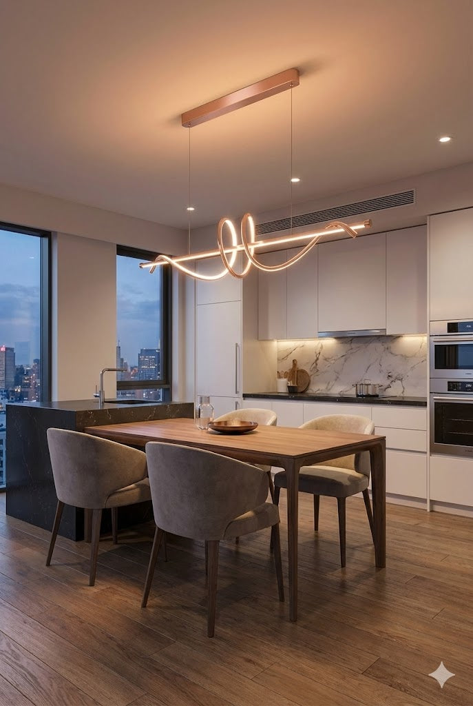 Swanart modern wave LED pendant light in gold and rose gold, 100cm linear hanging chandelier over dining or kitchen island.