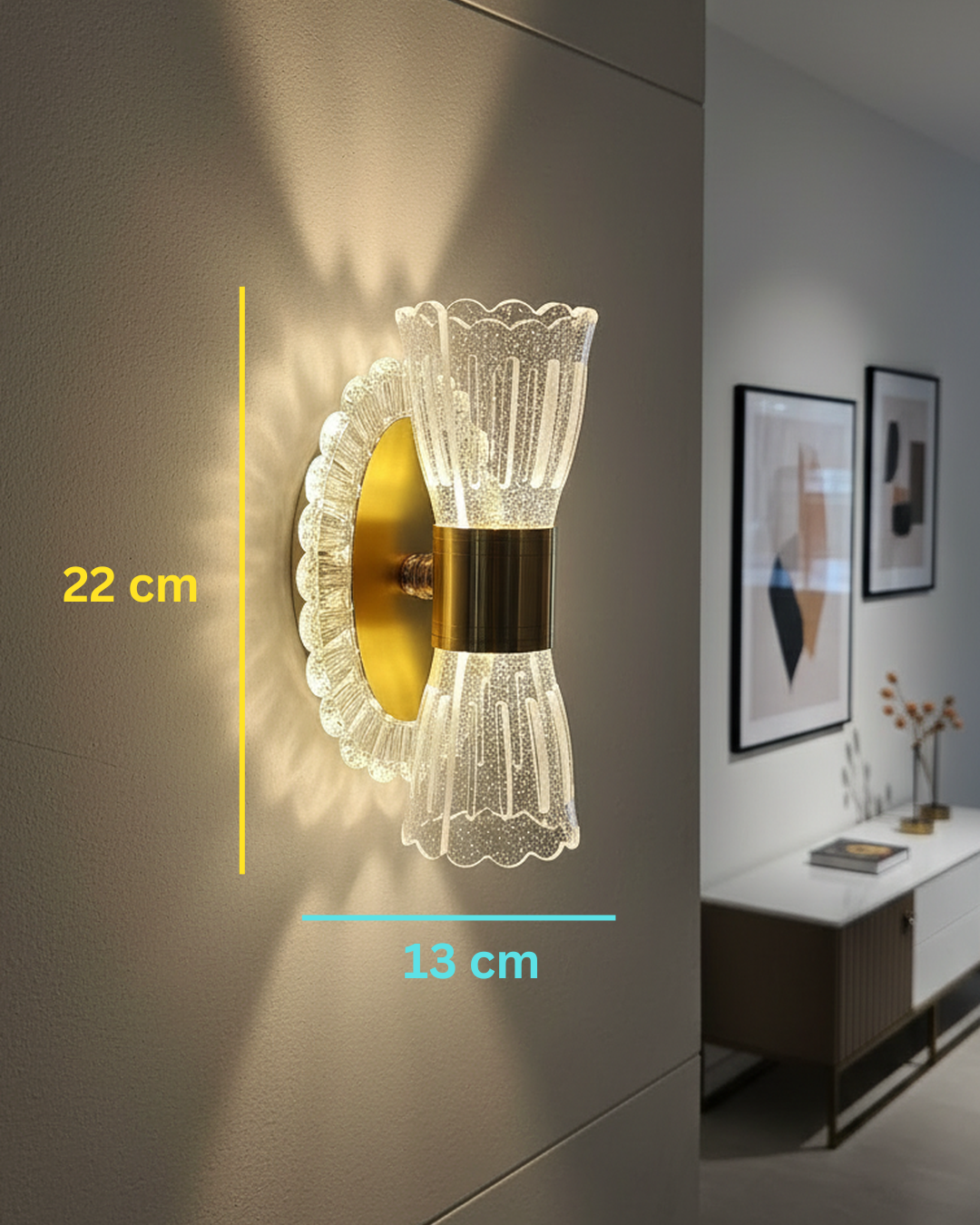 Swanart modern LED crystal wall light with golden acrylic finish, decorative indoor sconce for living rooms, hallways, and staircases