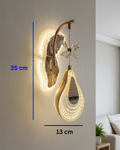 Swanart luxury gold leaf wall light with crystal flower accent, modern LED sconce, elegant glass drop design for living room or bedroom.