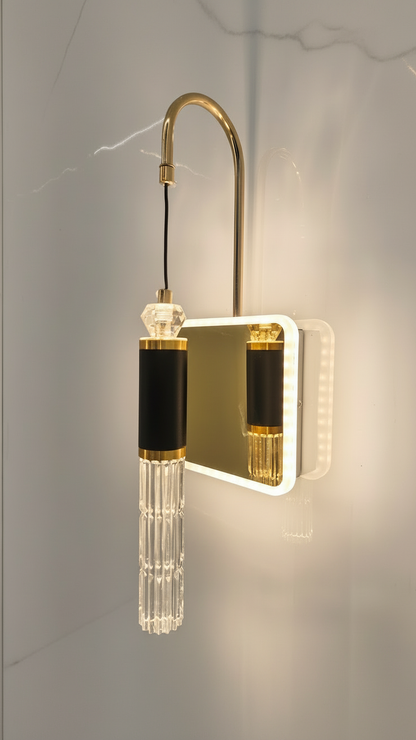 Swanart Modern Crystal Wall Sconce with LED Mirror - Elegant Bathroom Vanity Light Fixture with Gold Finish & Crystal Shade - Swanart