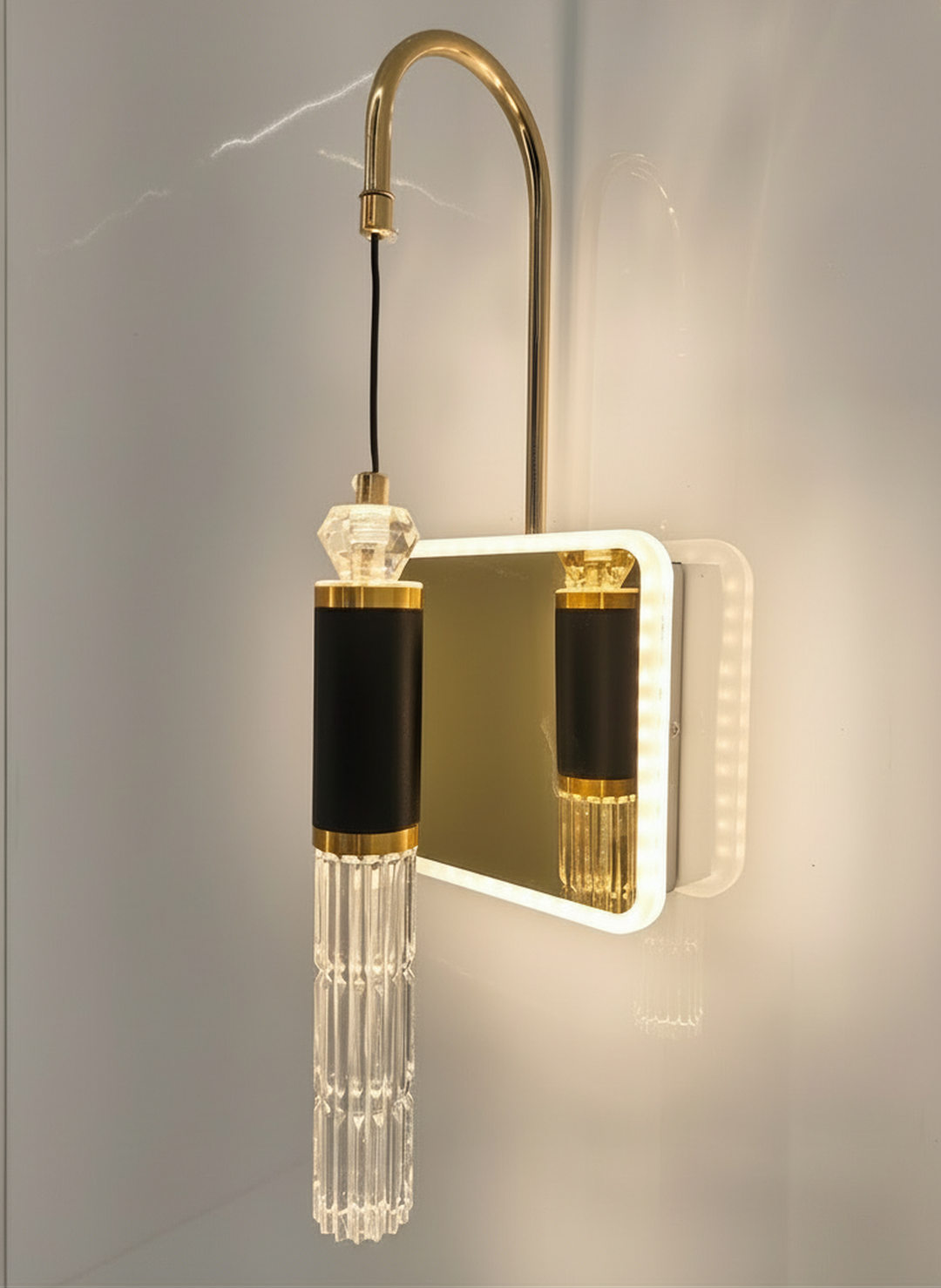 Swanart Modern Crystal Wall Sconce with LED Mirror - Elegant Bathroom Vanity Light Fixture with Gold Finish & Crystal Shade - Swanart