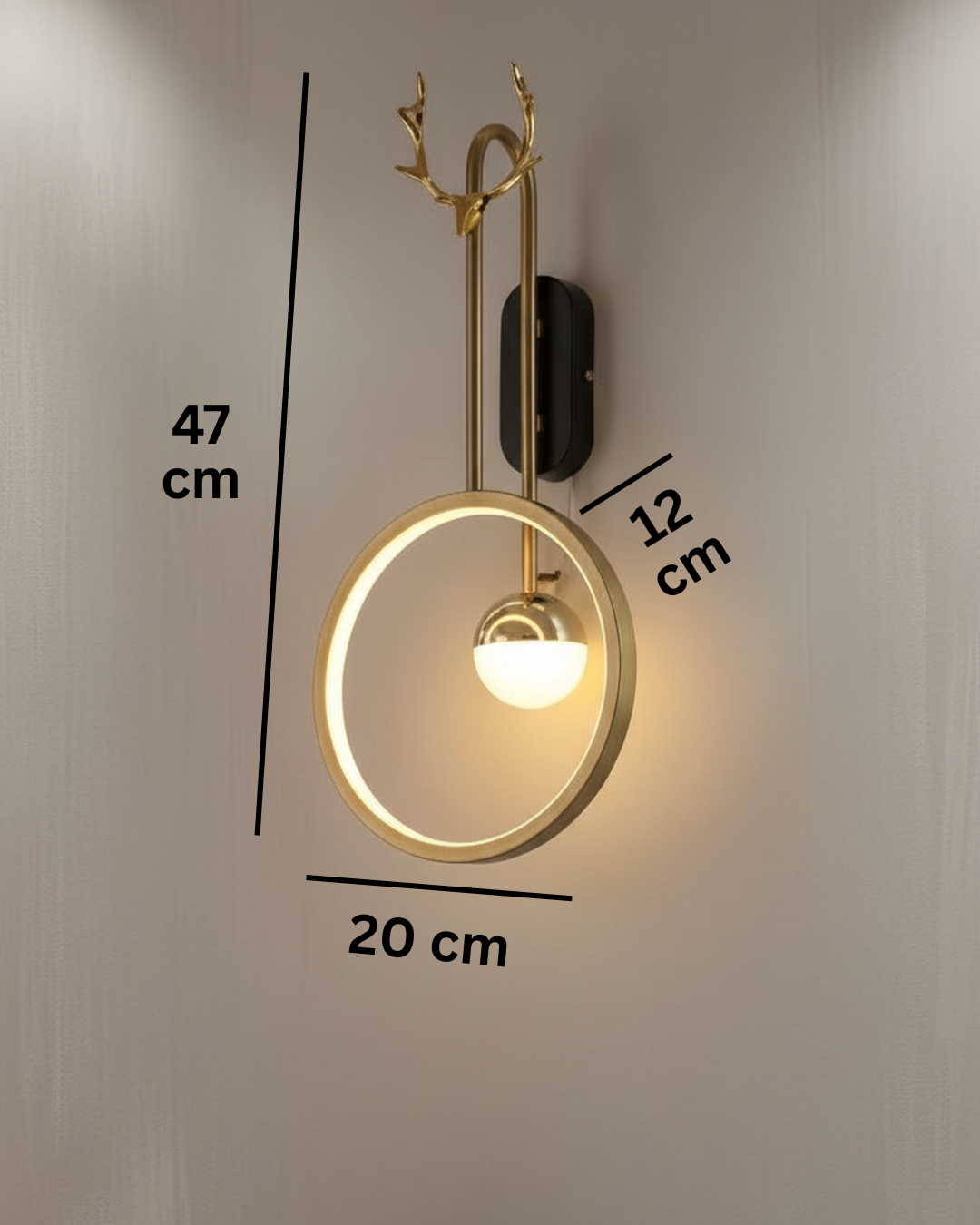 Modern gold LED wall light with ring design and deer antler decor, warm illumination for living room, bedroom, or hallway.
